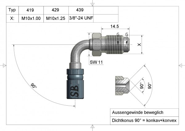 Aussengewinde beweglich 3/8"-24 UNF- Typ 439 Anschluss Edelstahl