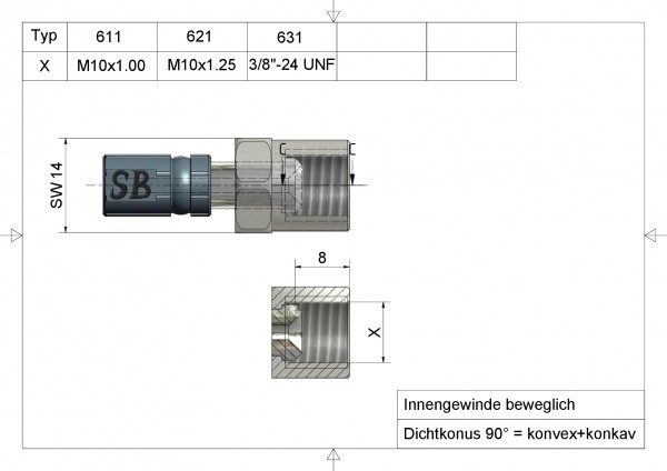 Innengewinde Typ 631 3/8" -24 UNF +Stift konkav Anschluss silber