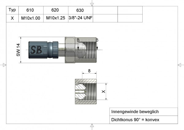 Aussengewinde fest 12mm lang Vario Typ 561 7/16" -20 UNF INOX