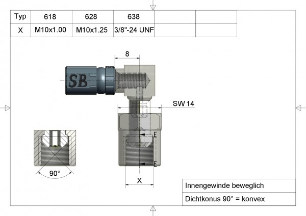 Innengewinde Typ 618 AGL 90°Winkel  M10x1.00 #Anschluss silber