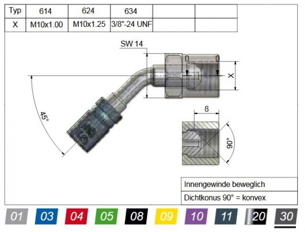 Innengewinde beweglich 45° M10x1,00 VarioTyp 614 Anschluss Edelstahl