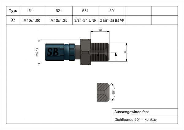 Aussengewinde Vario Typ 511 M10x1.00 SugiAnschluss silber