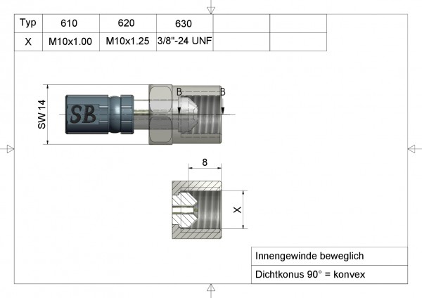 Innengewinde Typ 630 3/8" -24UNF +Stift konvex Anschluss silber