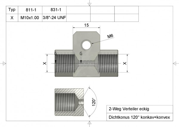 2-Weg Verteiler gerade M10 x 1.00 + IG M6 Anschluss silber