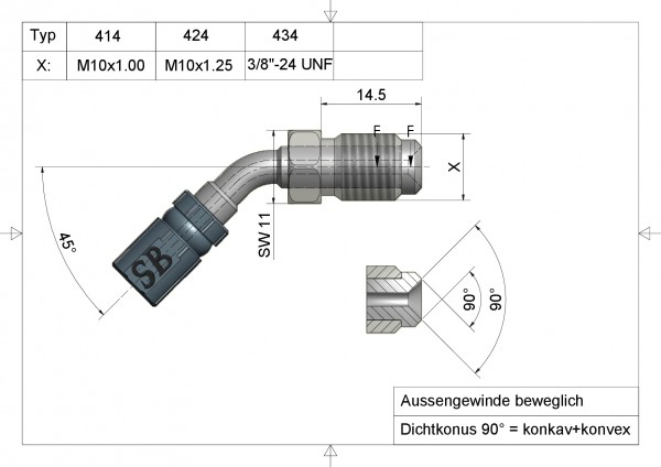 Aussengewinde beweglich 3/8"-24 UNF- Typ 434 Anschluss Edelstahl