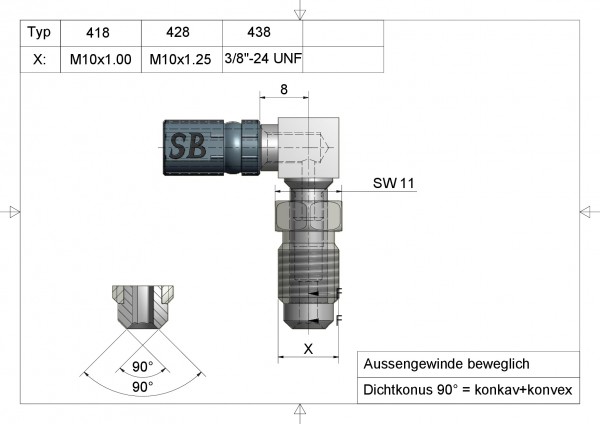 Aussengewinde beweglich 3/8"-24 UNF- Typ 438 Anschluss Edelstahl