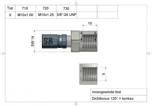 Innengewinde Typ 730 IGF 3/8" -24 UNF Anschluss silber